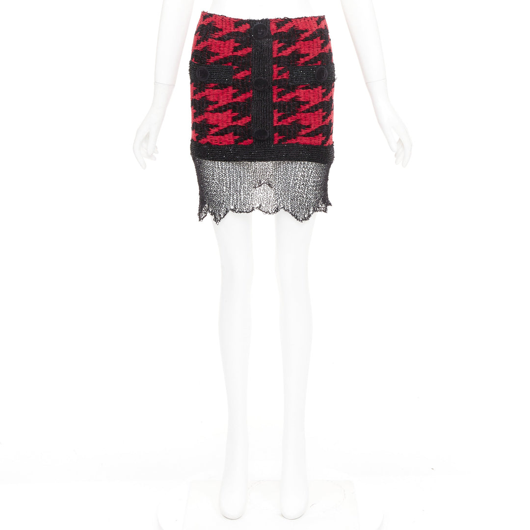 BALMAIN red black viscose blend tweed sequin trim velvet buttons skirt FR34 XS