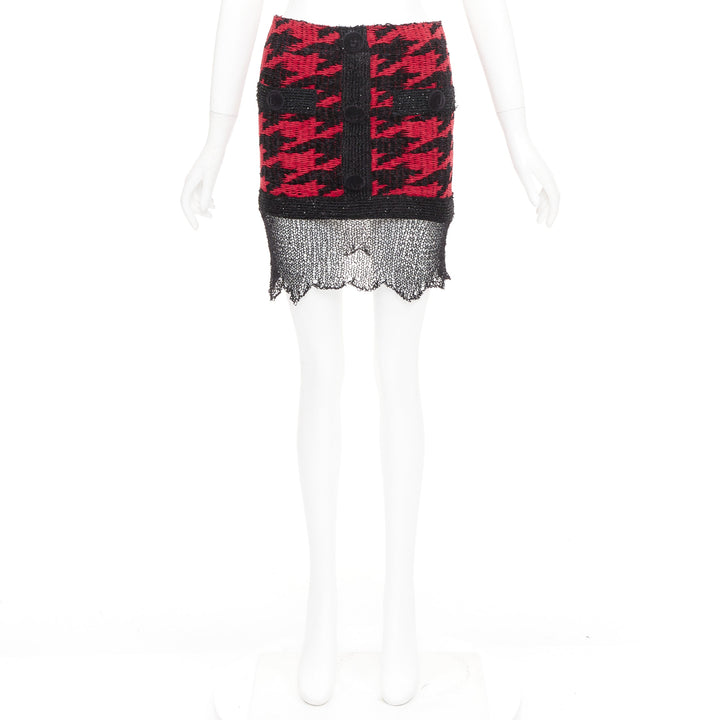 BALMAIN red black viscose blend tweed sequin trim velvet buttons skirt FR34 XS