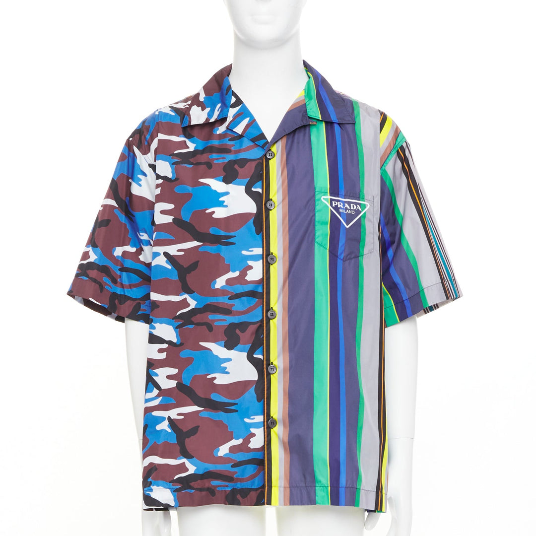 PRADA 2021 Runway Double Match camo stripe oversized nylon bowling shirt XXL