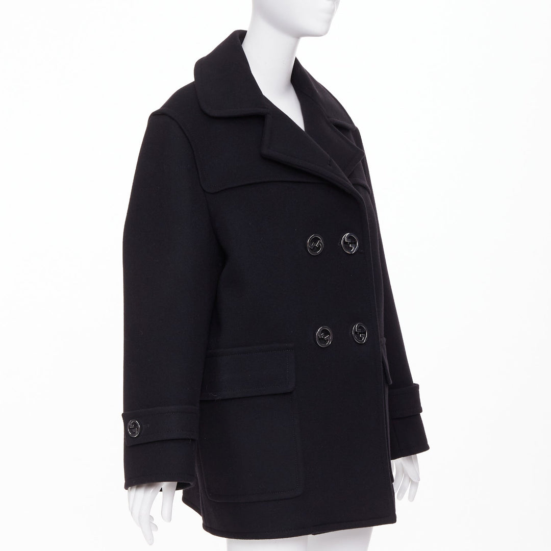 GUCCI 2024 Runway G gold button black batavia wool double breasted coat IT40 S