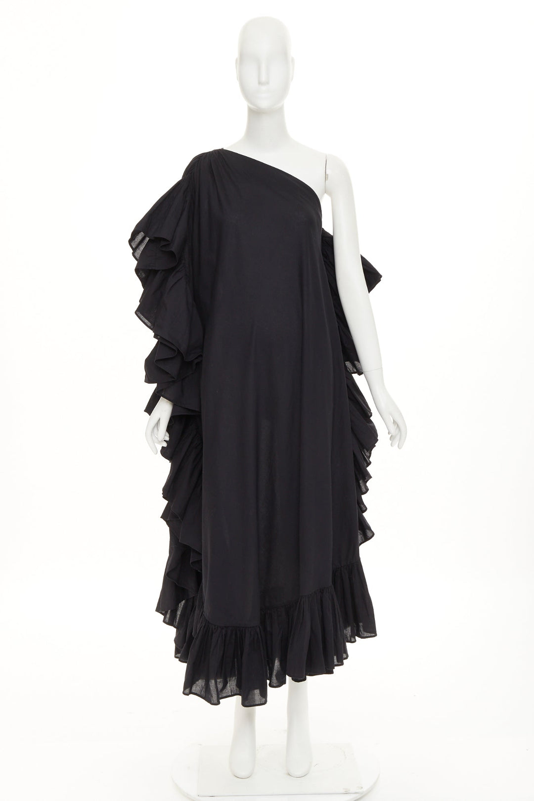 KALITA Evanthie black asymmetric one shoulder ruffled cotton dress S