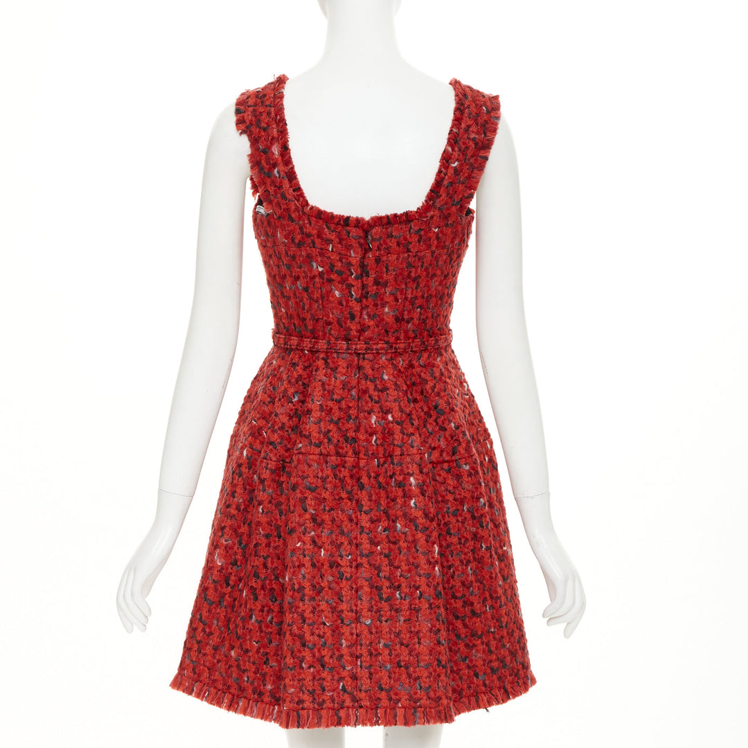 OSCAR DE LA RENTA F17 Boucle tweed red wool cotton silk lined flare dress US6 M