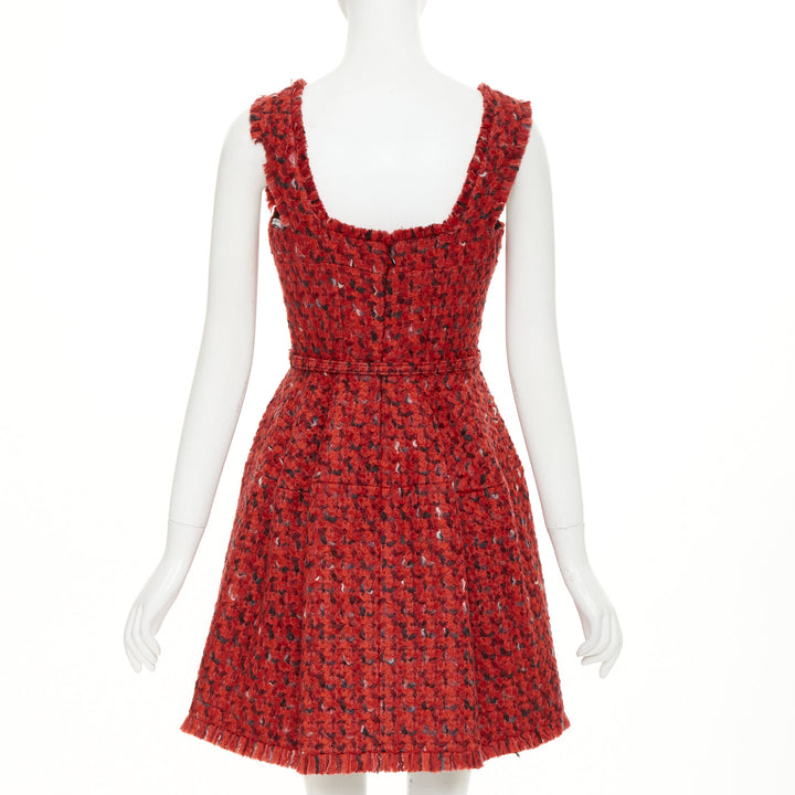 OSCAR DE LA RENTA F17 Boucle tweed red wool cotton silk lined flare dress US6 M