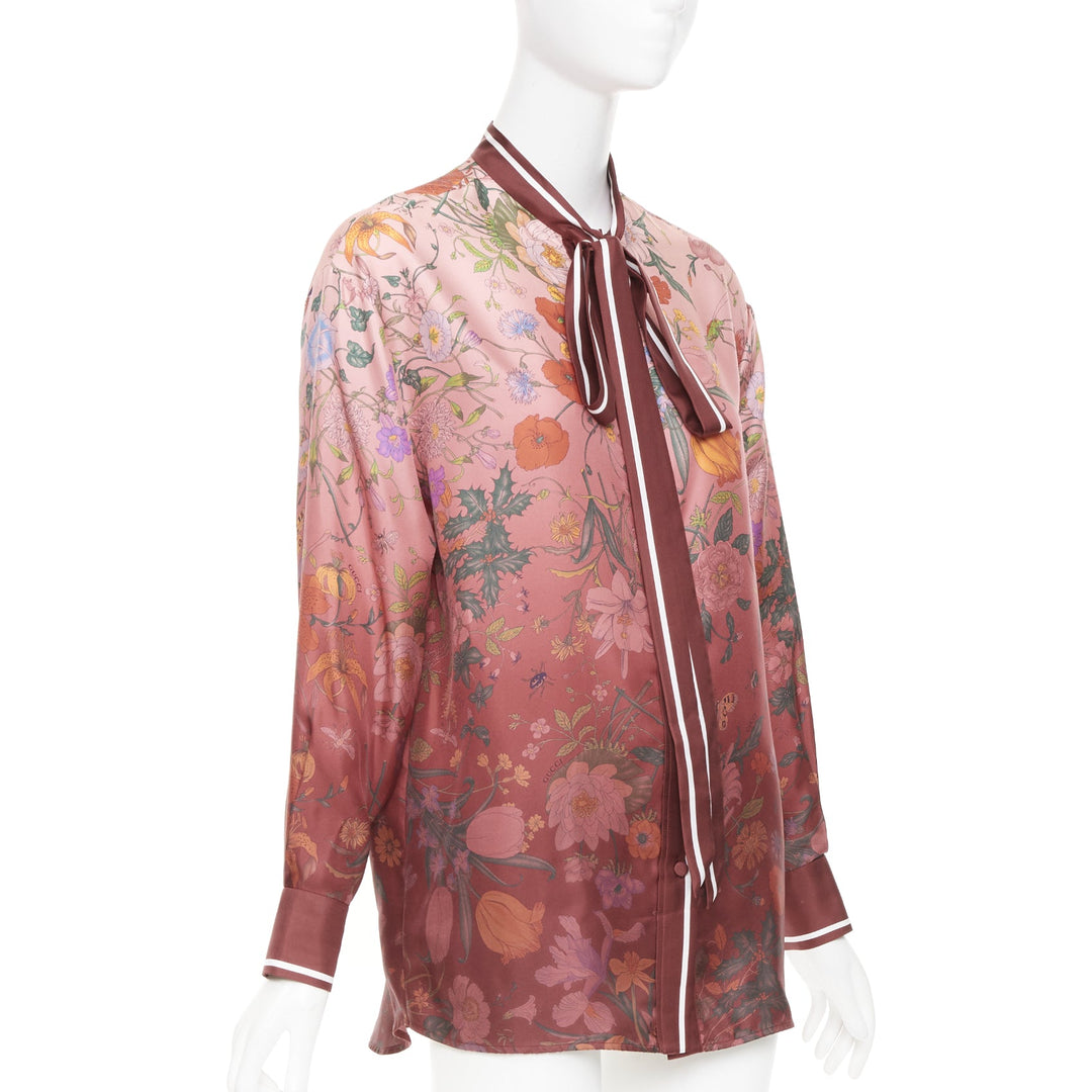 GUCCI 2025 Flora Degrade Rosso Ancora red bow neck tie silk twill top IT36 XXS