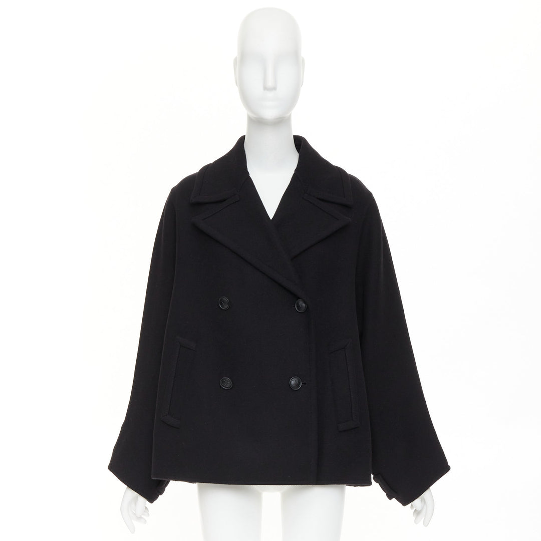 VALENTINO 2021 black wool blend boxy V logo double breasted coat IT40 S