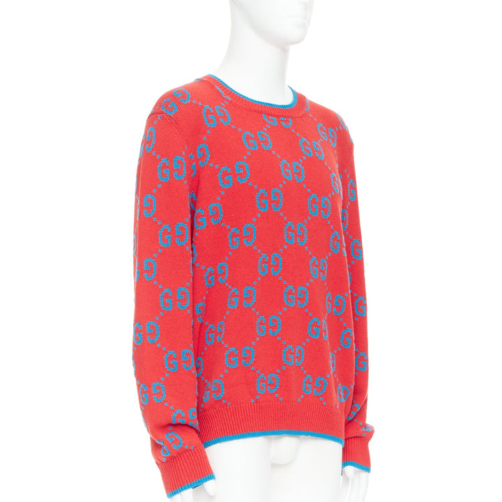 GUCCI red blue cotton blend GG monogram intarsia sweater XL