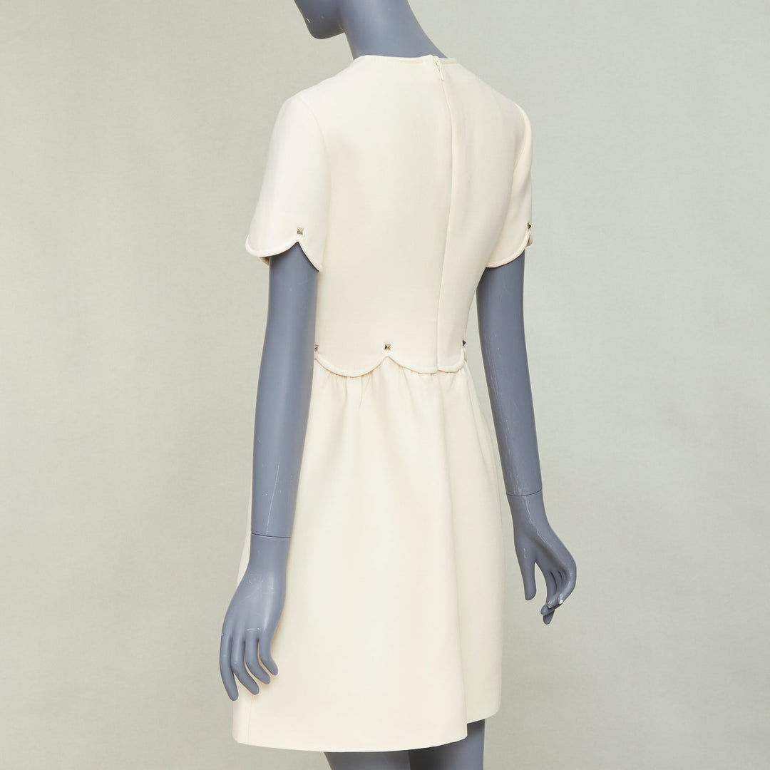 VALENTINO ivory Crepe Couture silver Rockstud scalloped Bambolina dress IT42 M