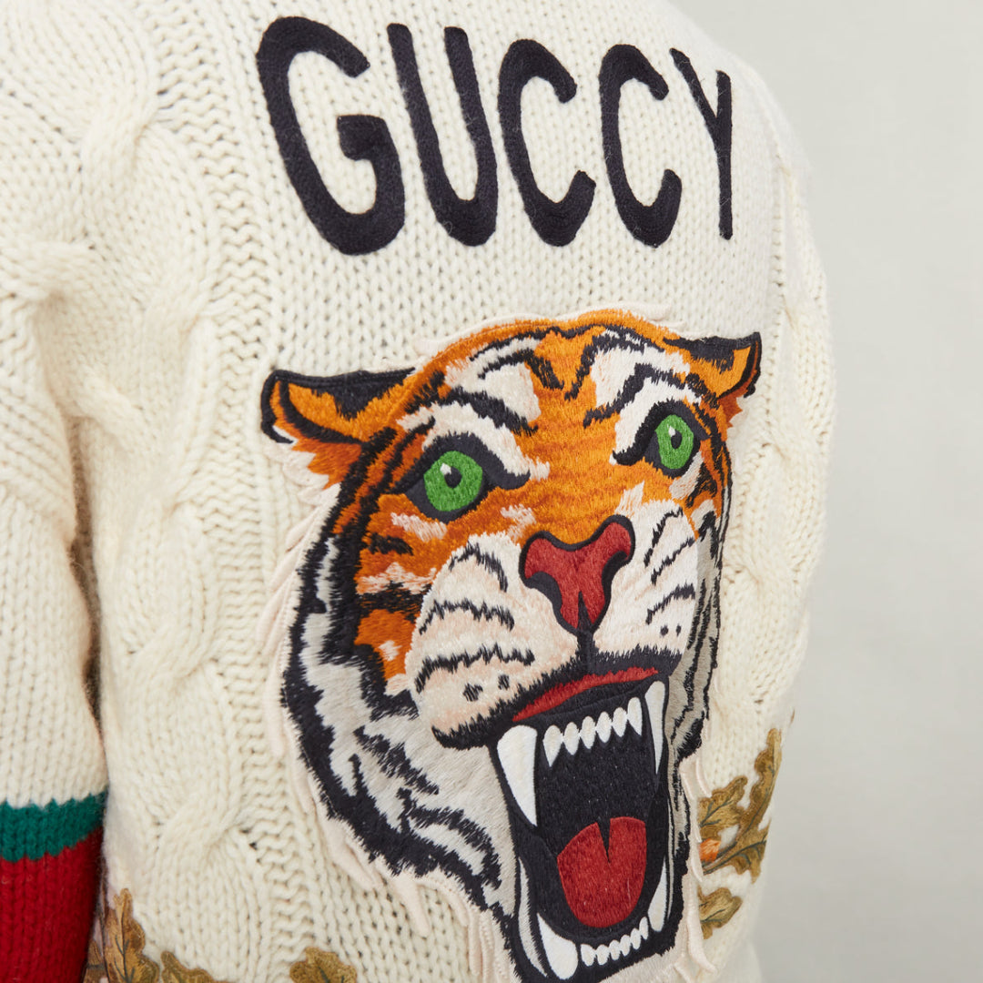 GUCCI 2018 cream wool A badge varsity long cardigan XXS Jennifer Lopez