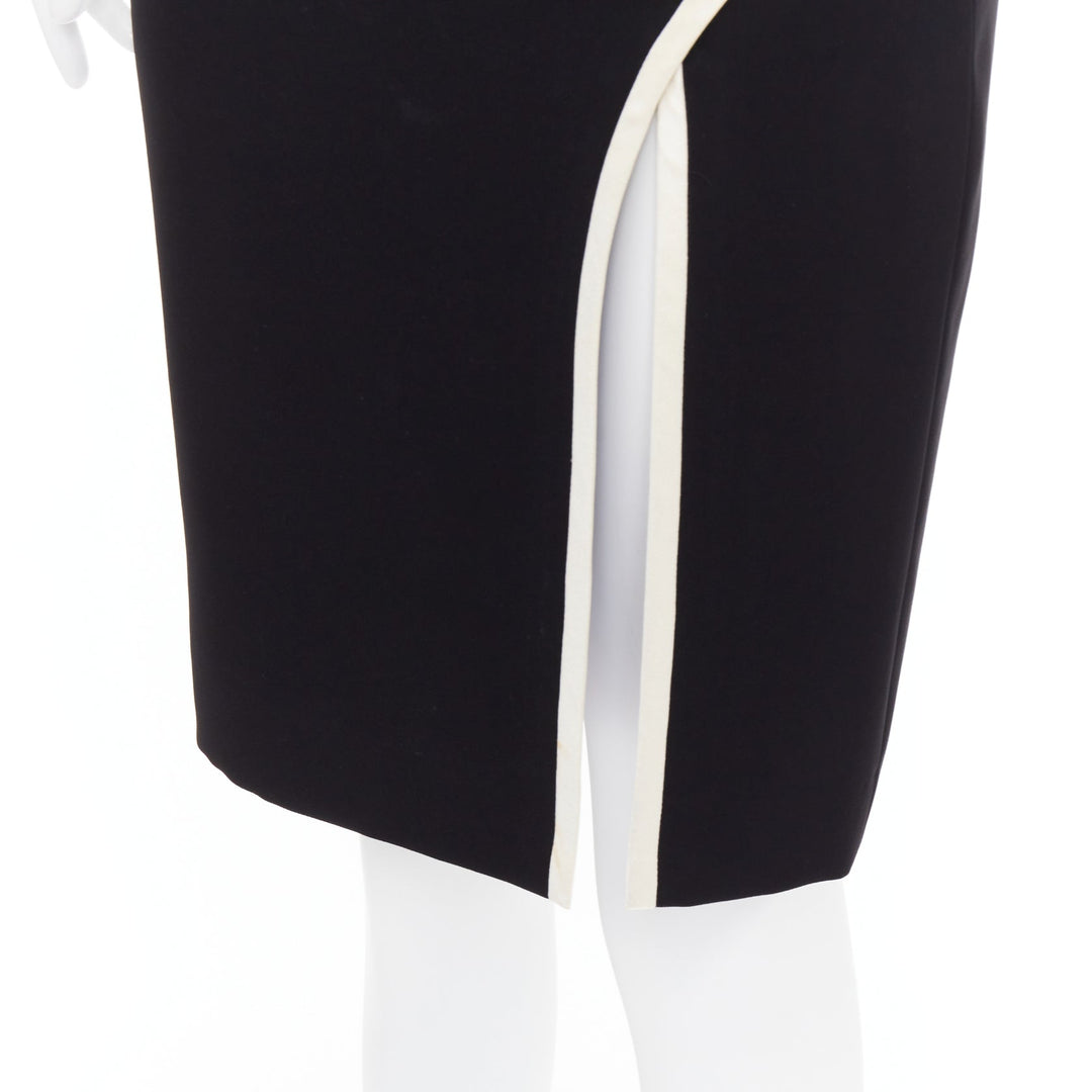 LANVIN 2017 Cady black cream trim front slit high waist pencil skirt FR34 XS