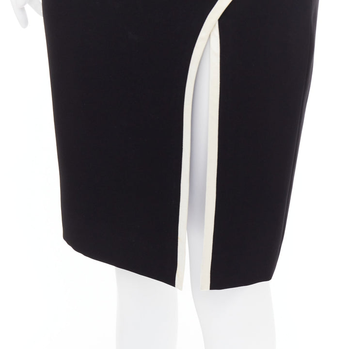 LANVIN 2017 Cady black cream trim front slit high waist pencil skirt FR34 XS
