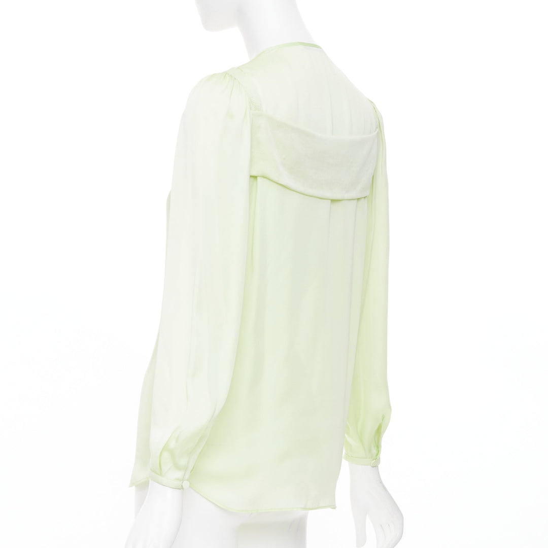GIVENCHY pale lime green collarless covered button gathered silk blouse FR34 XS