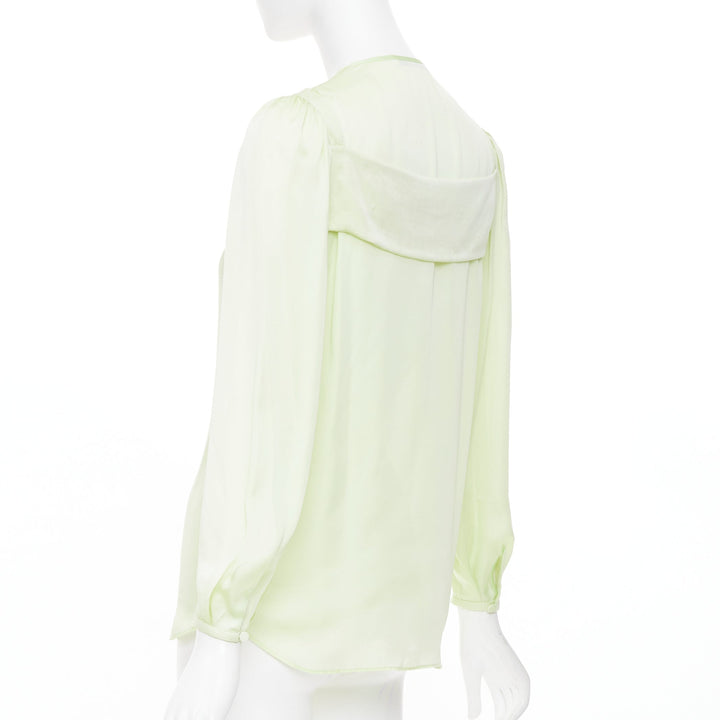 GIVENCHY pale lime green collarless covered button gathered silk blouse FR34 XS