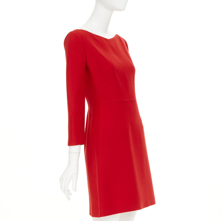 VALENTINO wide V neck structured red wool silk A-line dress IT40 S