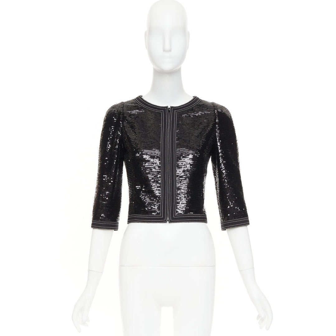 CHANEL 13C Paris Versailles black sequin embellished cropped zip jacket FR36 S