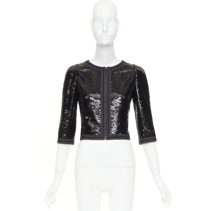 CHANEL 13C Paris Versailles black sequin embellished cropped zip jacket FR36 S