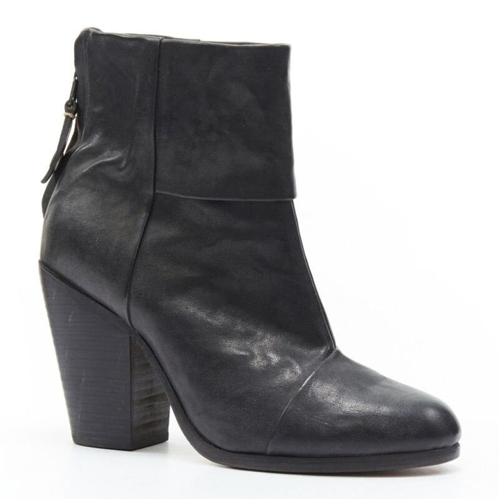 RAG BONE black leather round toe chunky stacked heel western ankle boot EU36