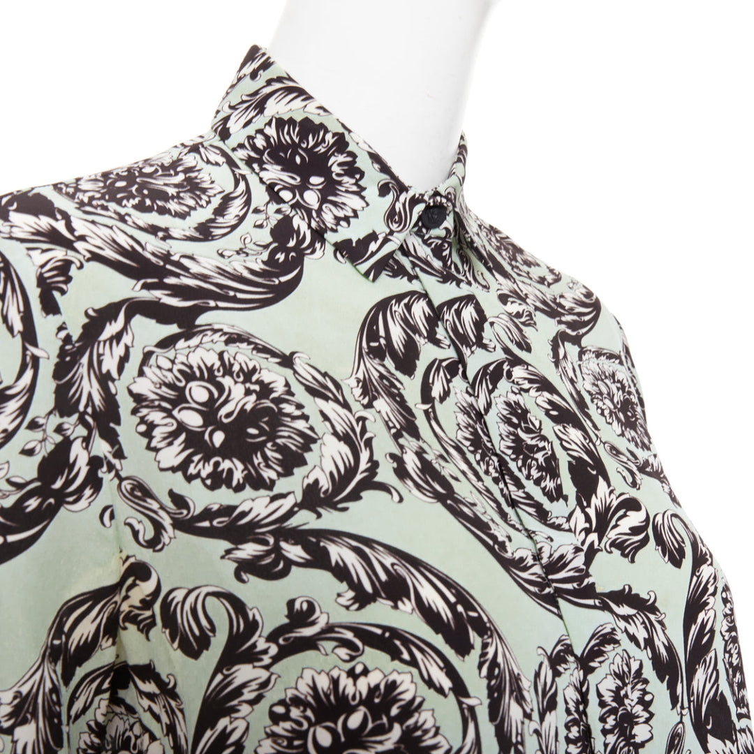 VERSACE 100% silk green black baroque floral print button up shirt IT38 XS