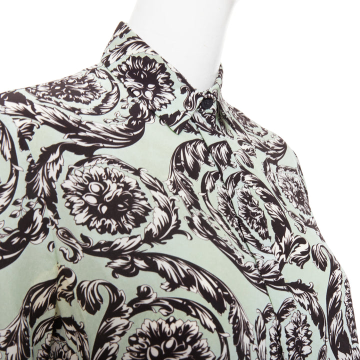 VERSACE 100% silk green black baroque floral print button up shirt IT38 XS