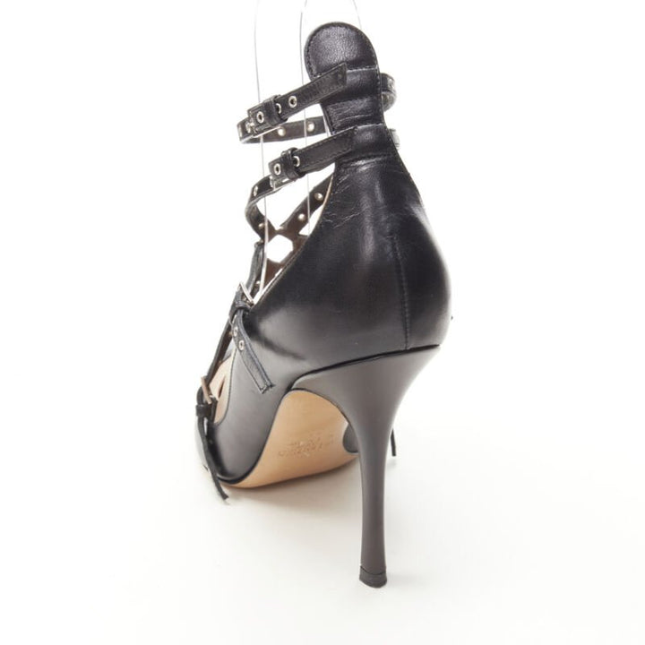 VALENTINO black beige leather silver grommet stud bondage harness pump EU38