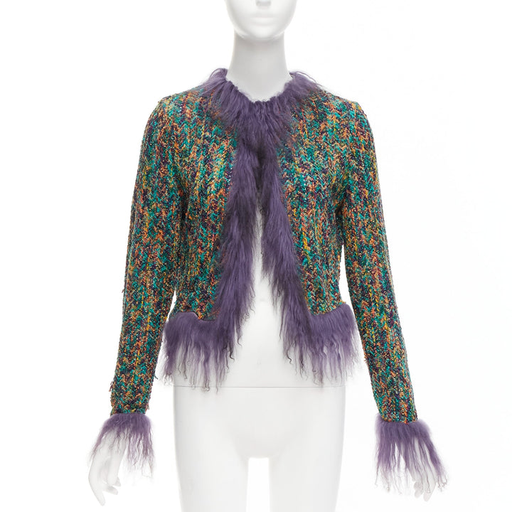 rare EMANUEL UNGARO purple faux fur trim green speckled tweed cro jacket IT38 XS