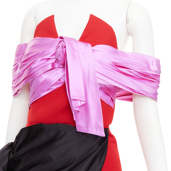 PRADA 2018 red pink black virgin wool satin sash bustier dress IT38 XS