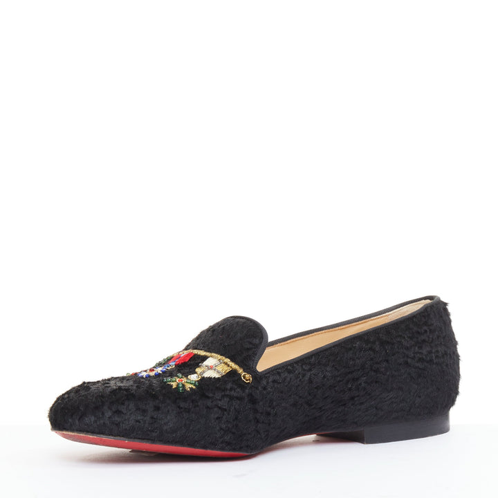 CHRISTIAN LOUBOUTIN Dictateur persian lamb fur Medallion embroidered flats EU37