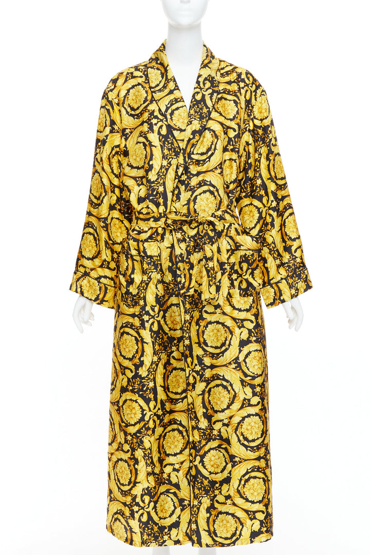 VERSACE 100% silk Signature Barocco Baroque print gold black robe gown Sz3 L