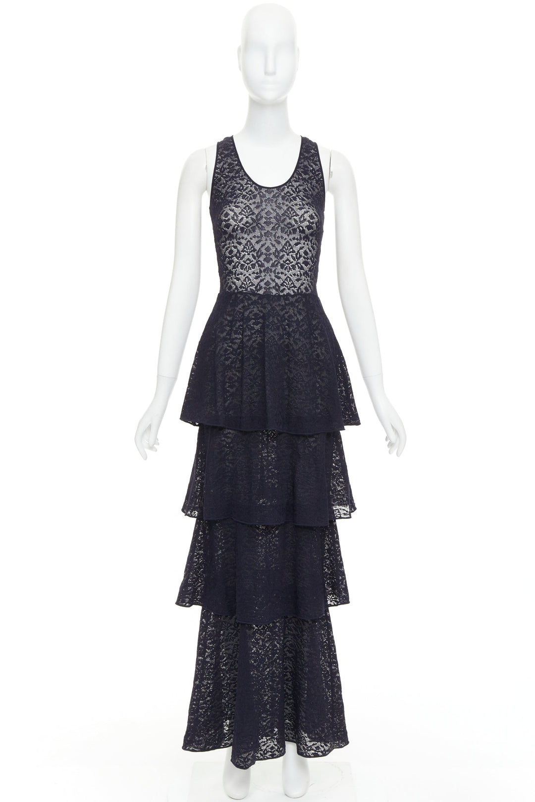 STELLA MCCARTNEY navy sheer floral lace layered tier dress IT40 S