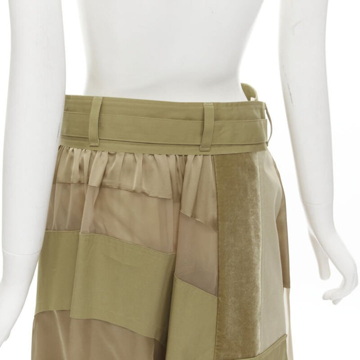 SACAI 2020 khaki military patchwork sheer deconstructed belted skirt JP3 L