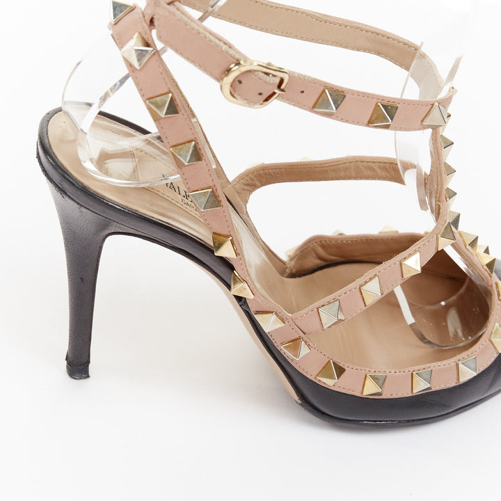 VALENTINO Rockstud black leather poudre cage stiletto pumps EU37 US7