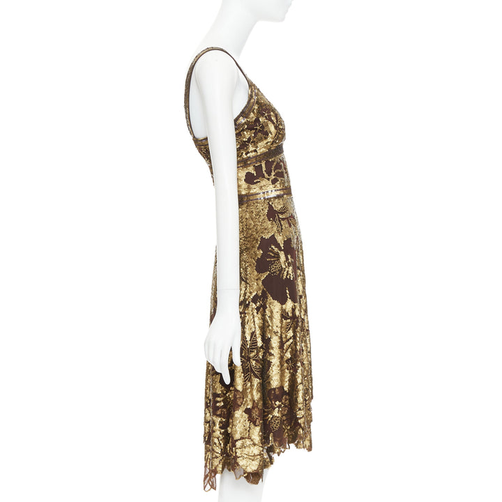 WUNDERKIND bronze gold brown 100% silk floral sequin handkerchief dress US2 S