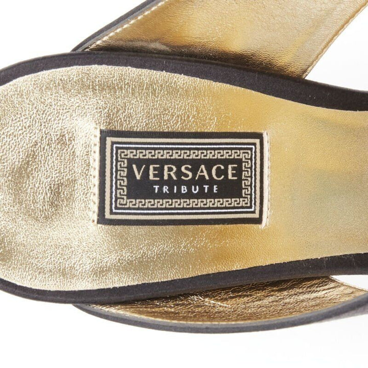 VERSACE 2018 Tribute Byzantine Cross Jewel crystal black satin sandals EU38
