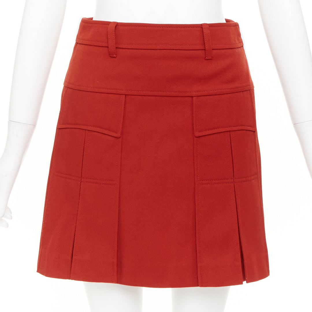 PRADA 2019 red virgin wool white trim utility pocket pleated mini skirt IT38 XS