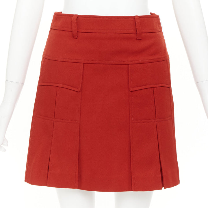 PRADA 2019 red virgin wool white trim utility pocket pleated mini skirt IT38 XS