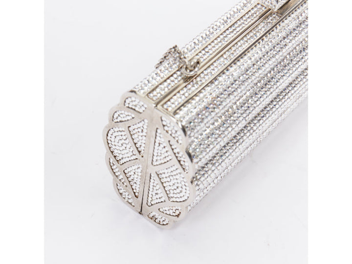JUDITH LEIBER silver crystal encrusted metal clasp chained minaudiere clutch bag