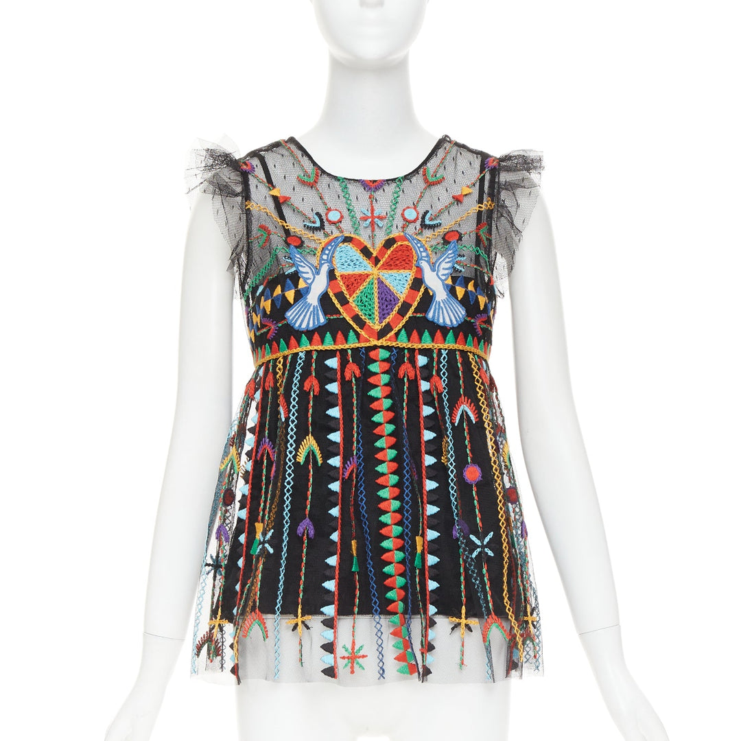 RED VALENTINO Love Celebration black bird heart embroidered babydoll top IT42 M