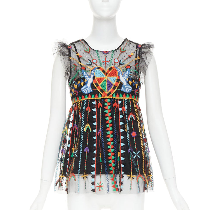 RED VALENTINO Love Celebration black bird heart embroidered babydoll top IT42 M