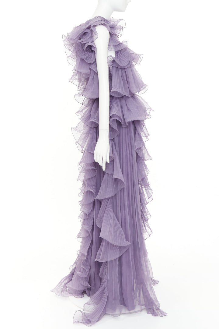 ALBERTA FERRETTI Vintage purple sheer silk tier ruffle evening gown dress IT40 S