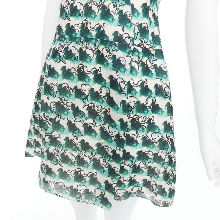 TANYA TAYLOR green cream silk abstract print sleeveless A-line dress US0 XS