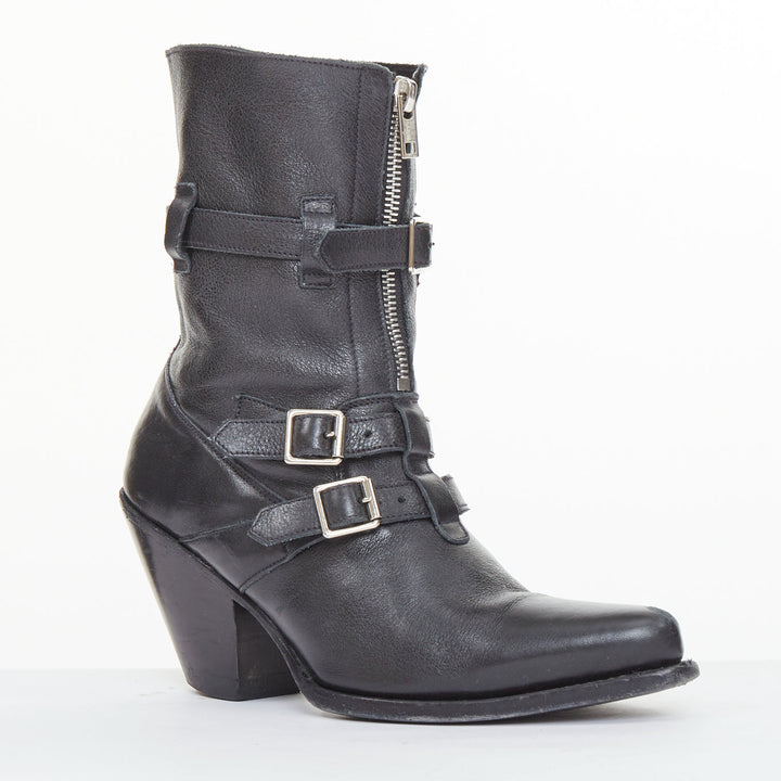 CELINE Phoebe Philo Berlin black leather triple buckle front zip biker boot EU36