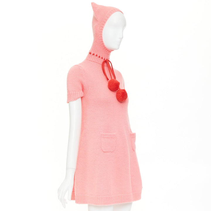 rare GUCCI 2021 Epilogue pink wool knit ear hooded pom pom embellished dress XS