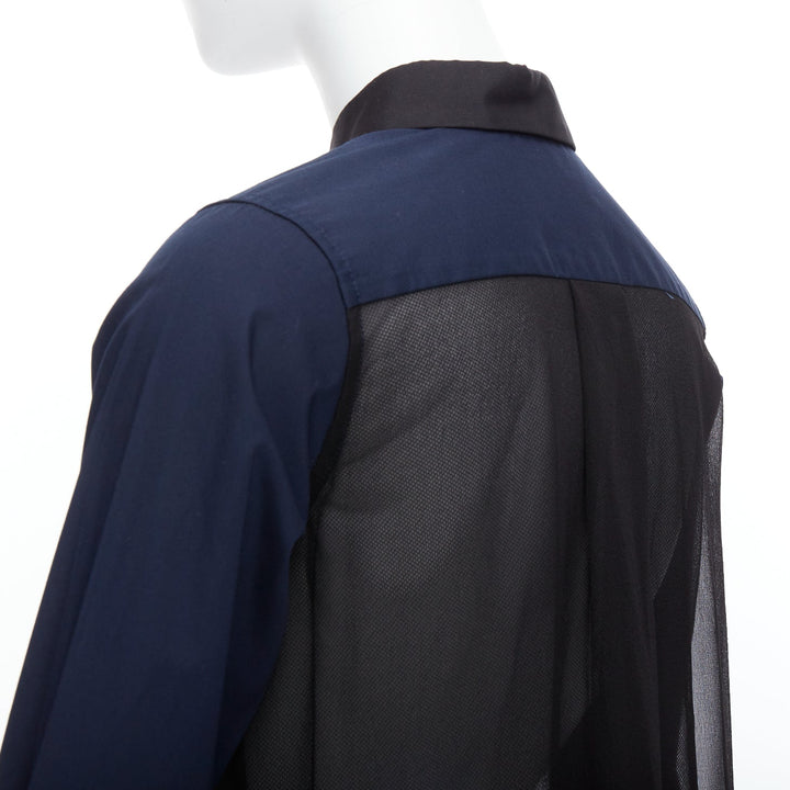 SACAI LUCK navy black sheer pleated flare mesh panel back shirt JP1 S