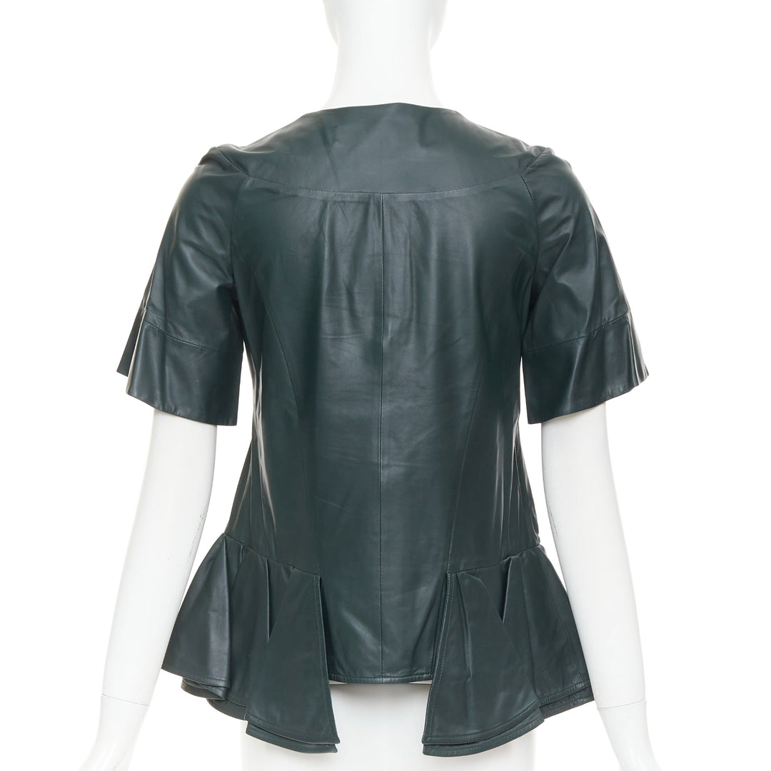 MARNI dark green nappa lamb leather panelled ruffled peplum jacket IT38 XS