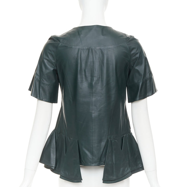 MARNI dark green nappa lamb leather panelled ruffled peplum jacket IT38 XS