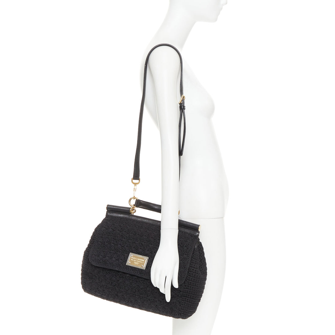 DOLCE GABBANA Sicily black crochet leather gold hardware top handle satchel bag