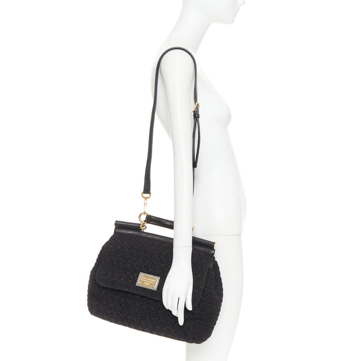DOLCE GABBANA Sicily black crochet leather gold hardware top handle satchel bag