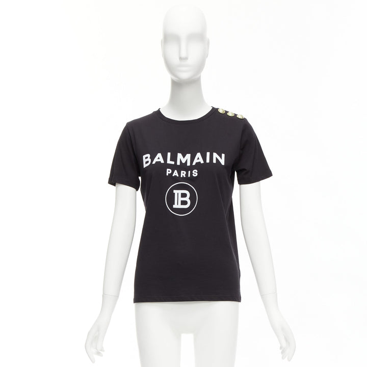 BALMAIN black white B logo gold military buttons tshirt FR34 XXS