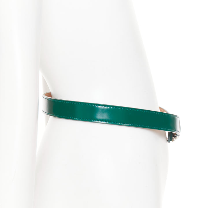 ALAIA green glossy leather silver swirl loop hook buckle skinny belt 75cm