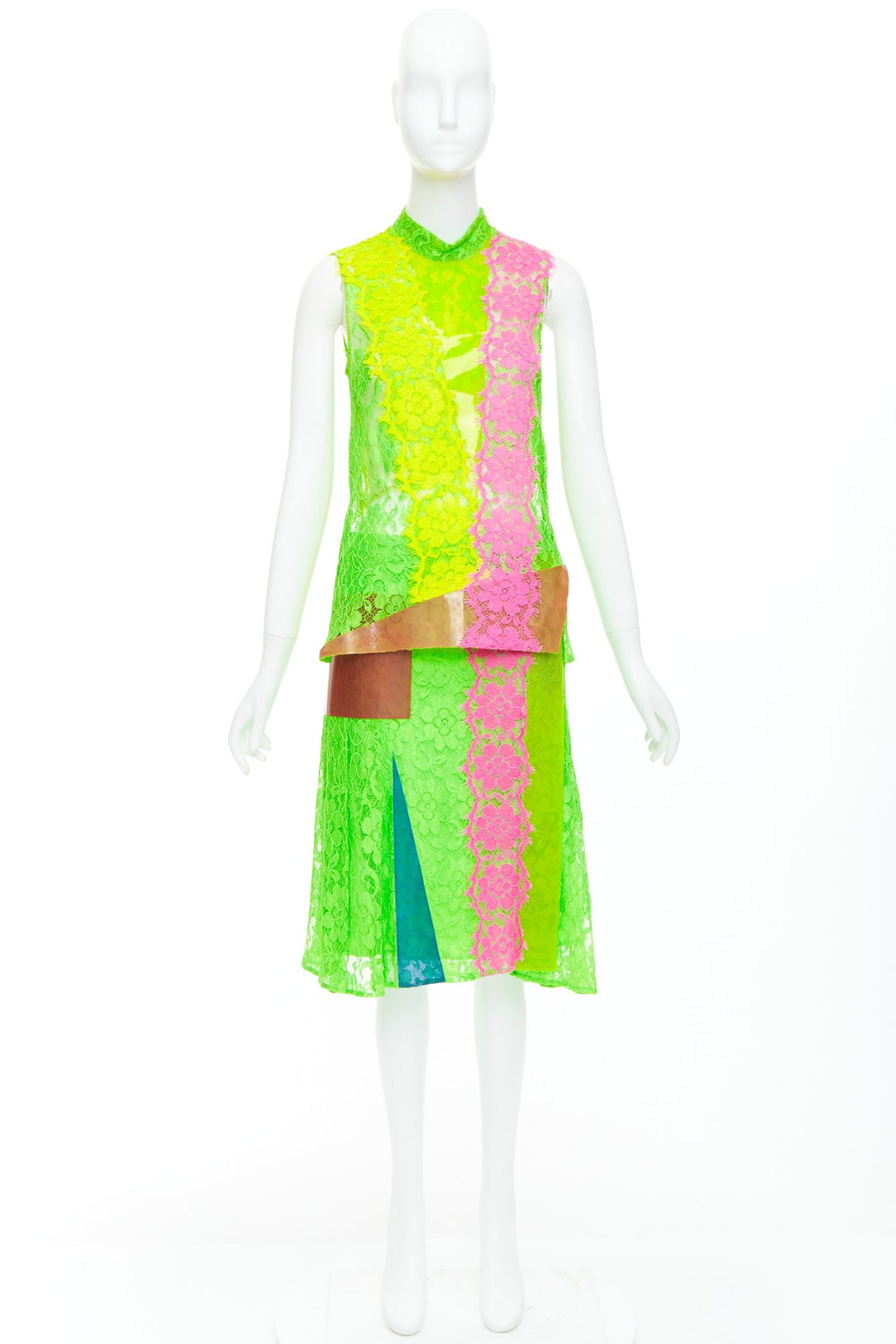 CHRISTOPHER KANE 2016 Runway neon green pink PVC lace skirt set UK8 S