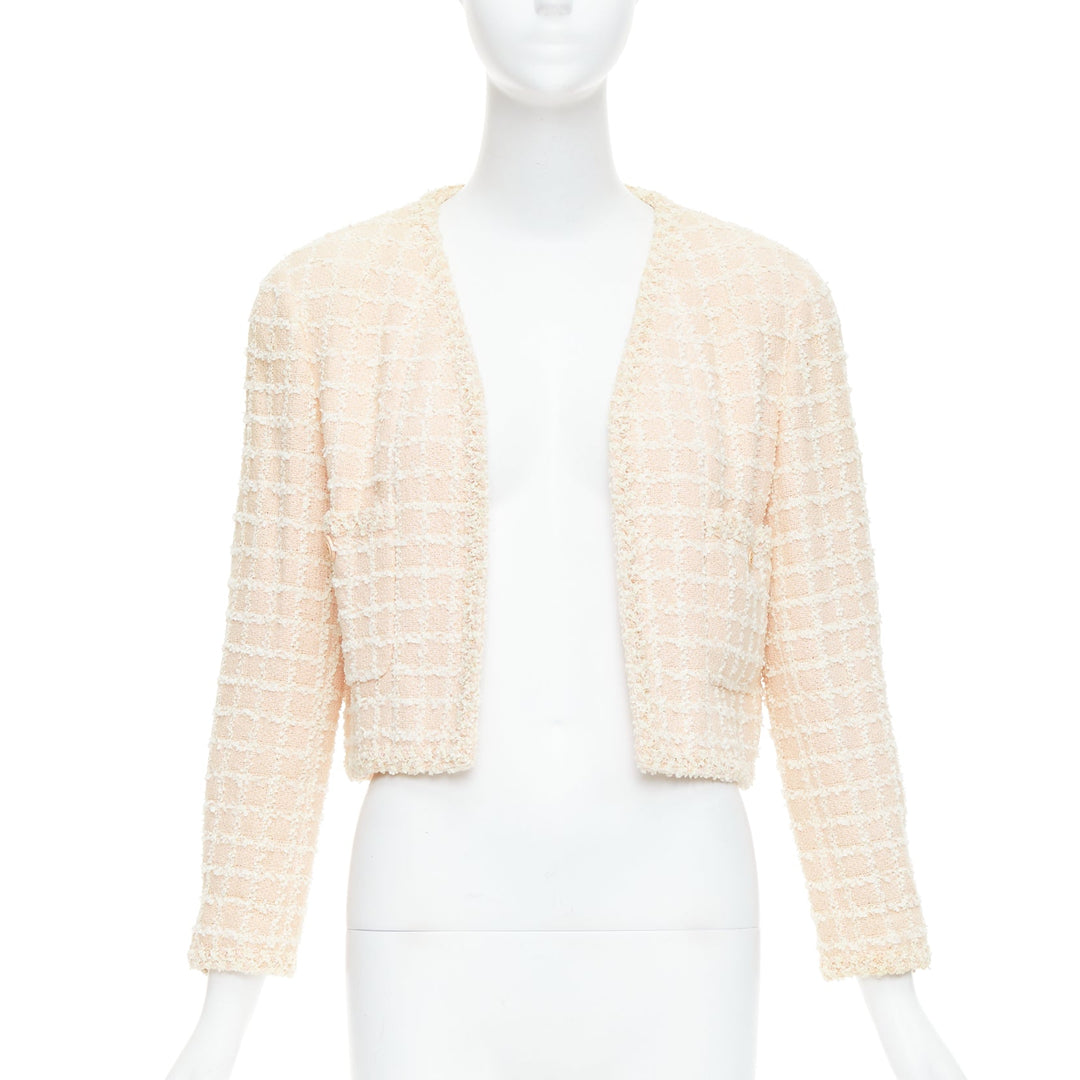 rare CHANEL 94P Vintage pink cotton tweed cropped jacket FR40 L